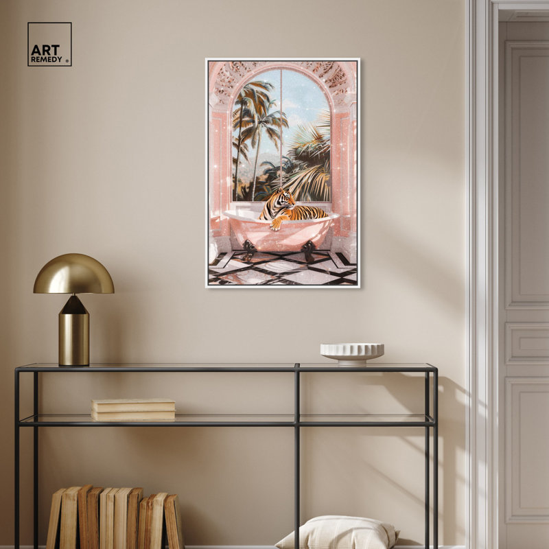 «Sleeping Tiger Bath» par Art Remedy, H 55 po x l 37 po, Cadre blanc