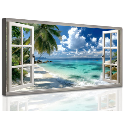  Plage, reproduction d'art sur toile, fenêtre de palmier tropical rustique, décor de l'oeuvre, peinture de scène côtière bleue, décoration murale encadrée nautique pour salon, salle de bain, bureau, 12 x 24 po
