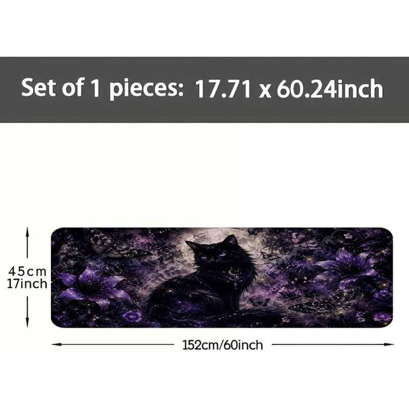 Tapis de cuisine à motif floral papillon et chat noir mystique au clair de lune, en flanelle douce antidérapante, 40 x 60 cm