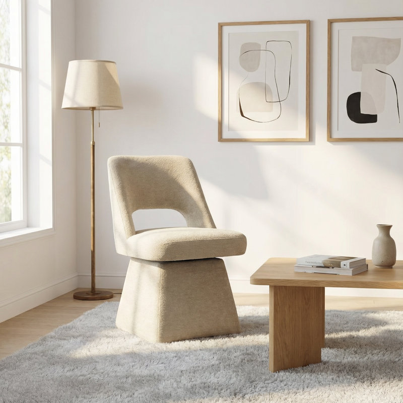 Modern Chenille Swivel Dining Chair, Open Back – 360° Rotating Design for Dining Room, Khaki