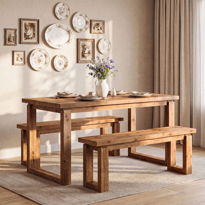 Ensemble de table de salle à manger en bois massif avec 2 bancs, ensemble de 3 tables de salle à manger pour 4 personnes, meubles de table de cuisine de ferme