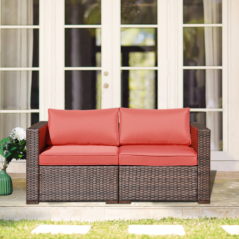 Gerdt 59.2'' Wide Wicker Loveseat with Cushions, Orange Cushion//Brown Frame