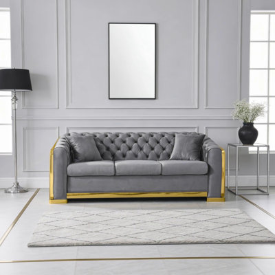 Luxury Velvet Chesterfield 3-Seat Sofa With Gold Stainless Steel, Perfect For Elegant Living Rooms And Comfortable Seating
