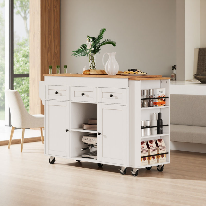 85.5" Kitchen Island With Extendable Dining Table, Kitchen Storage Table With 3 Side Open Shelves, Rolling Kitchen Island With Power Outlet, 3 Drawers, 2 Doors, For Kitchen, Dining Room