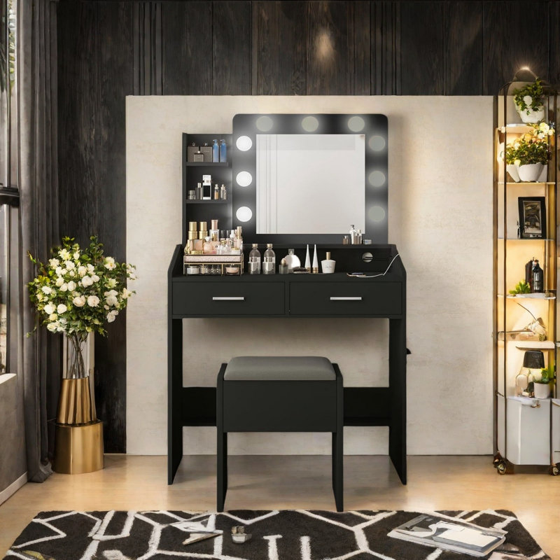 Vanity Desk With Mirror And Led Lights, Makeup Vanity Desk With Charging Station And Cushioned Stool, Black