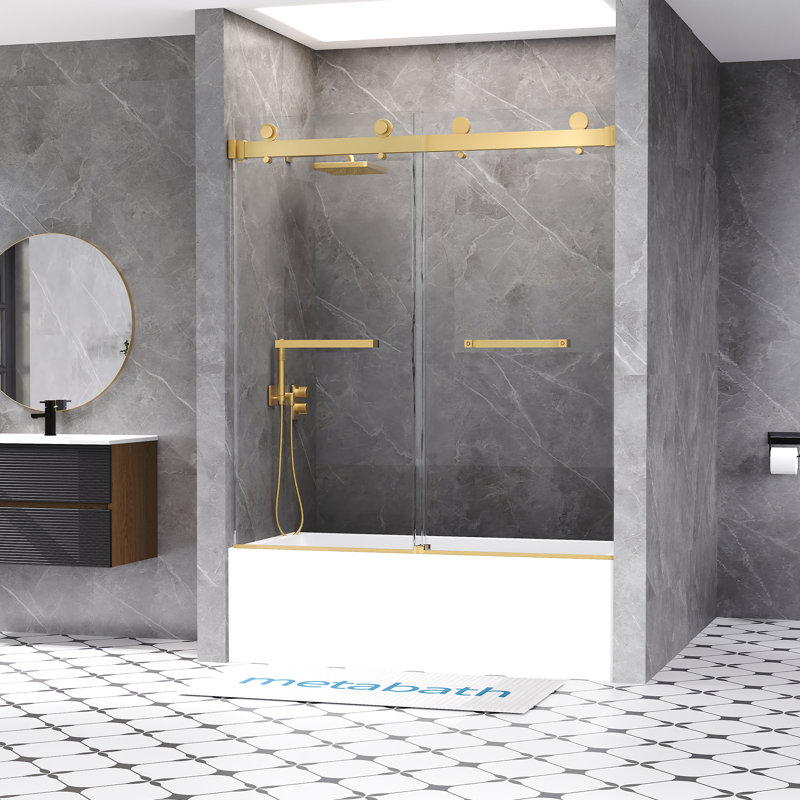 56"-60" W X 66" H Double Sliding Frameless Tub Door with 5/16" (8mm) Tempered Clear Glass, Brushed Gold