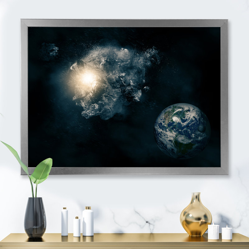 Asteroïd Space Art - Art mural moderne sur toile, H 36 po x l 24 po x P 1 po, Cadre photo argenté