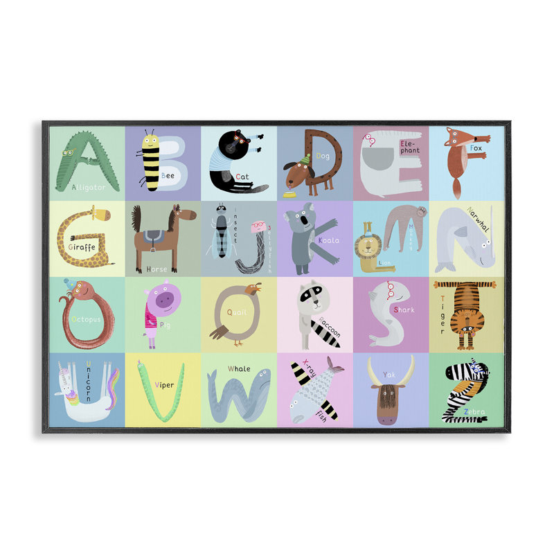 «Whimsical Animal Alphabet», dessin de Carla Daly, H 12 po x l 18 po, Giclée encadrée noir minuit