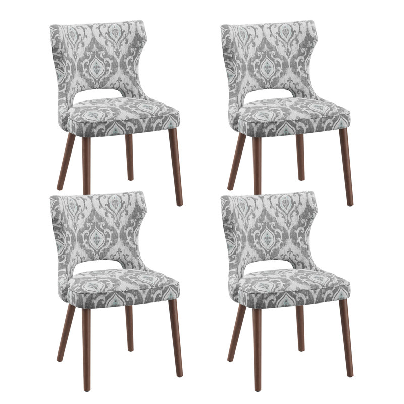 Chaise de salle à manger rembourrée moderne à hauteur de siège de 18,3 po avec pieds en bois massif, Motif floraux gris