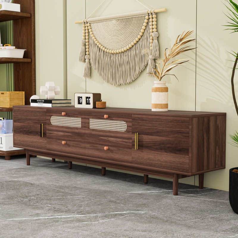 Wooden TV Stand with 2 Cabinets, 2 Drawers and Rattan Accents
