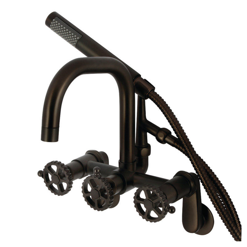 Kingston Brass Fuller Three-Handle 2-Hole Wall Mount Clawfoot Tub Faucet with Hand Shower, Dark Brown