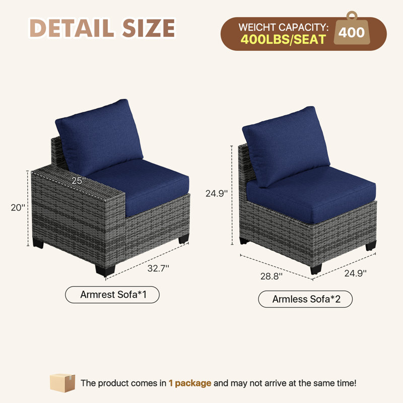 Patio Safo pour 3 personnes avec coussins, Bleu marine, Gris