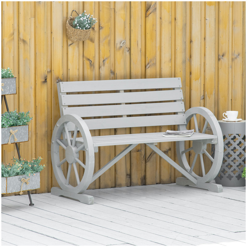 Outsunny 41" Wooden Wagon Wheel Bench, Rustic Outdoor Patio Weather Resistance Furniture, 2-Person Slatted Seat Bench with Backrest, Light Gray