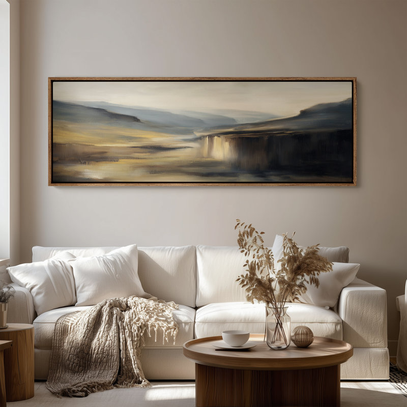 Art mural sur toile encadrée - Vallée de montagne abstraite avec cascade et tons clairs chauds - 16 po x 24 po, 24 po x 36 po
