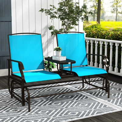 Patio arrière avec banc coulissant - Plaisir double glissement en métal bleu, filet respirant, pour le jardin, le porche, la table centrale en bord de piscine en bleu. Cadre de jardin en acier. Filet de toile, 528 lb Chargement