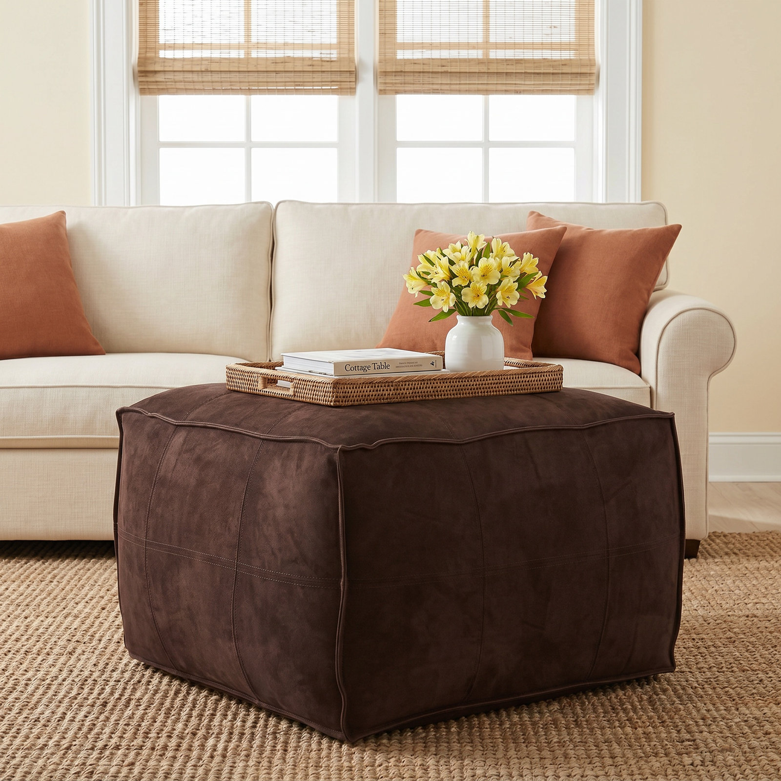 Shara 28" Genuine Leather Pouffe, Brown Genuine Leather