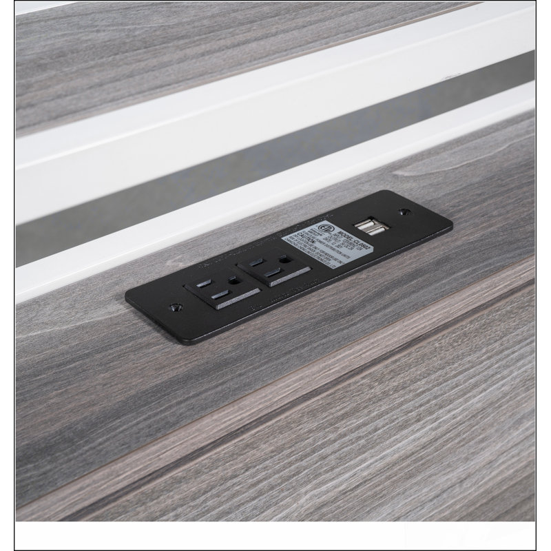 Base de lit plateforme en métal avec couchette, ports USB et support à lattes, Double, Blanc