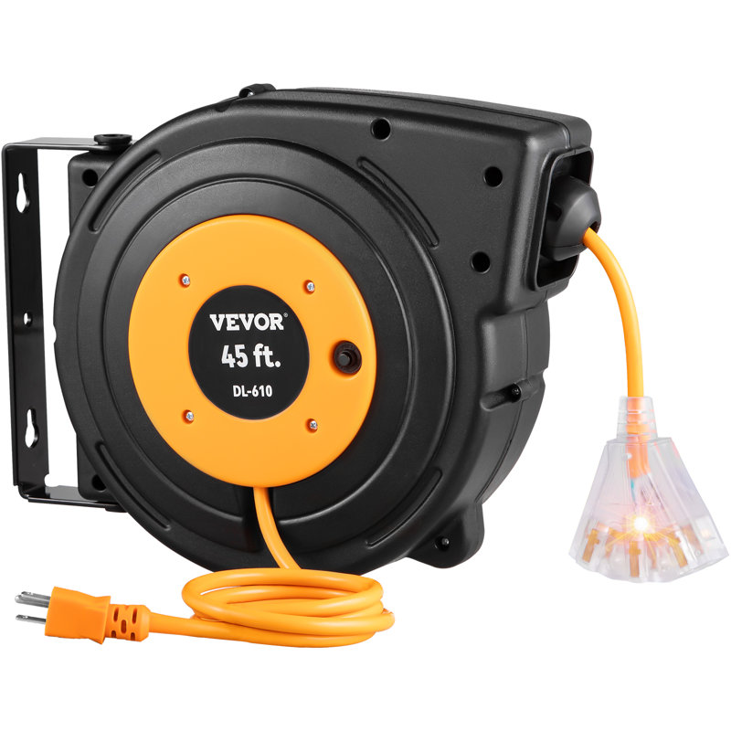 45 ft Black and Orange Retractable Extension Cord Reel