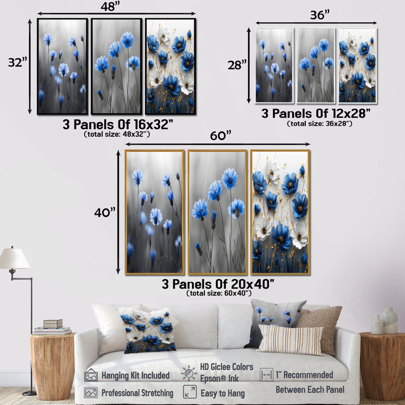 Meadows of Blue Cornflowers I - Collection d'art mural 3 panneaux, H 32 po x l 48 po, Impression encadrée flottante