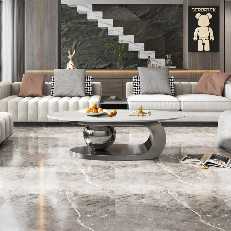 Table basse 49,2 pouces ovale en faux marbre pour salon avec base en acier inoxydable