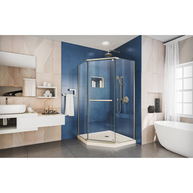 DreamLine Prism 38" W x 38" D x 74.75" H Frameless Neo-Angle Shower Enclosure with Base Included, Chrome, Biscuit