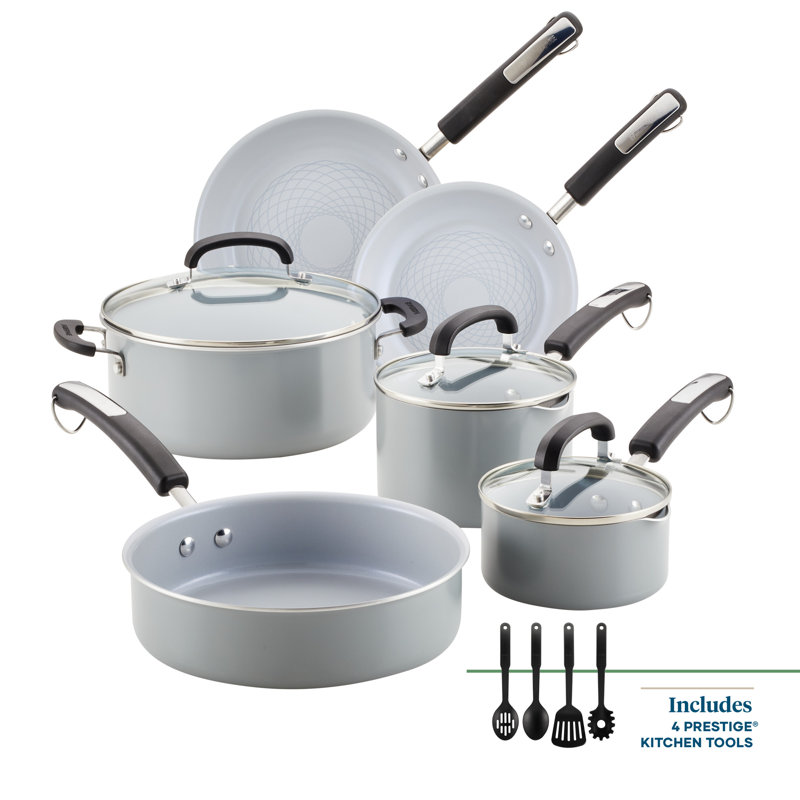 Eco Advantage Ceramic Nonstick Cookware Pots and Pans Set with Cooking Tools, 13 Piece, Gray