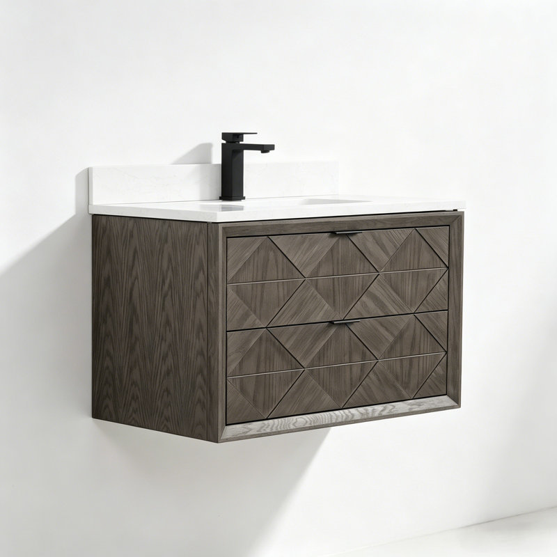 36" Transitional Floating Gray Oak Bath Vanity with 1" Engineered Marble Top, Gray Oak
