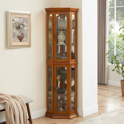 Armoire de coin avec lumières, tablettes réglables en verre trempé, dos en miroir, vitrine (ampoule E26 non incluse)