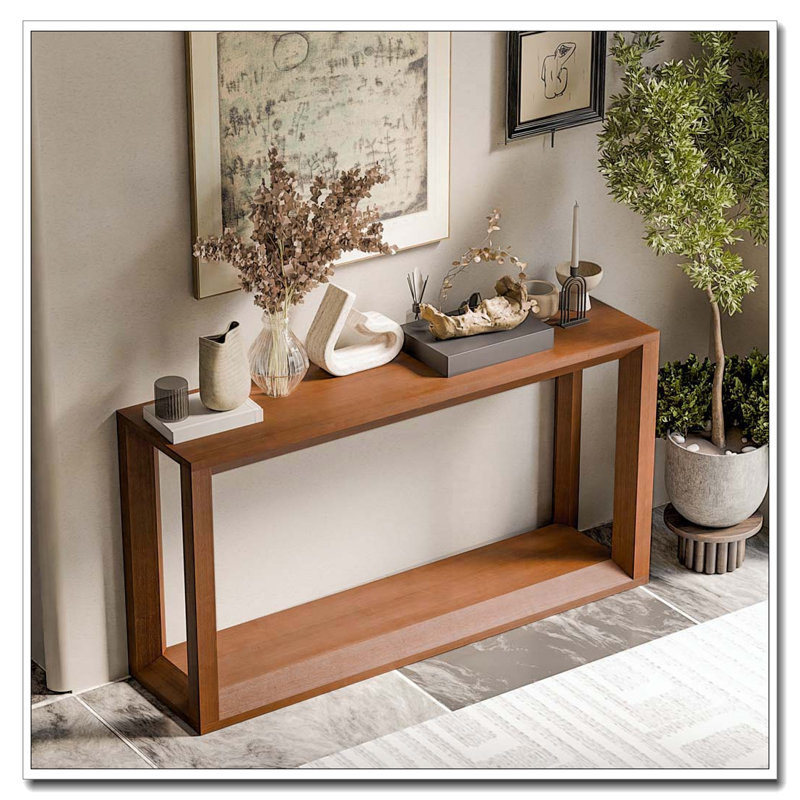 60" Rectangular Solid Wood Veneer Console Table, Wide Sofa Table, Behind Couch Table with Ample Storage for Entryway & Living Room