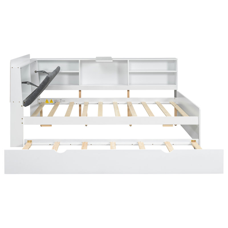 Lit plateforme en bois avec lit gigogne, rangement pour tête de lit et tablettes en blanc