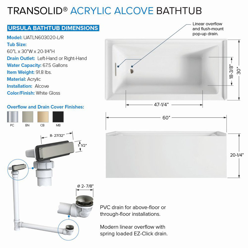 Ensemble de baignoire en alcôve en acrylique 60 po x 30 po x 20 po Transolor Unity, blanc, Oui, Nickel brossé