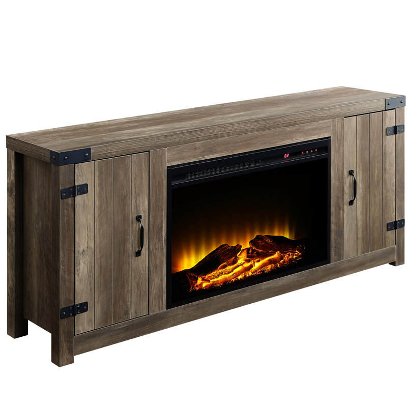 Meuble télé rustique en chêne avec foyer et options de rangement efficaces pour un attrait classique