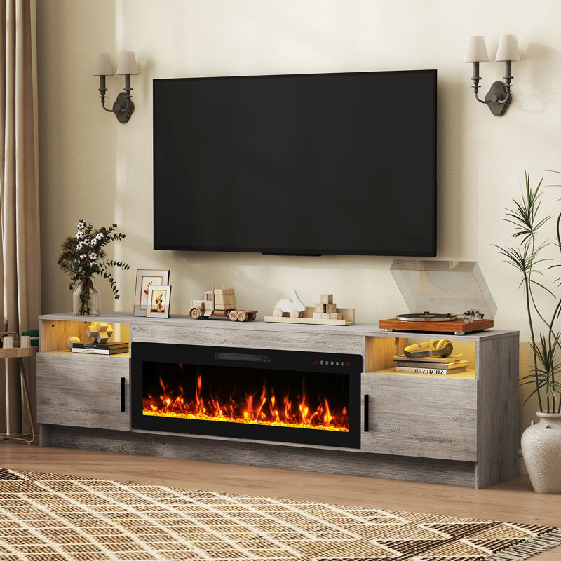 80" Fireplace TV Stand for TVs Up to 90" with 42" Electric Fireplace Heater LED Light Media Console Storage Cabinet, Gray Entertainment Center for Living Room