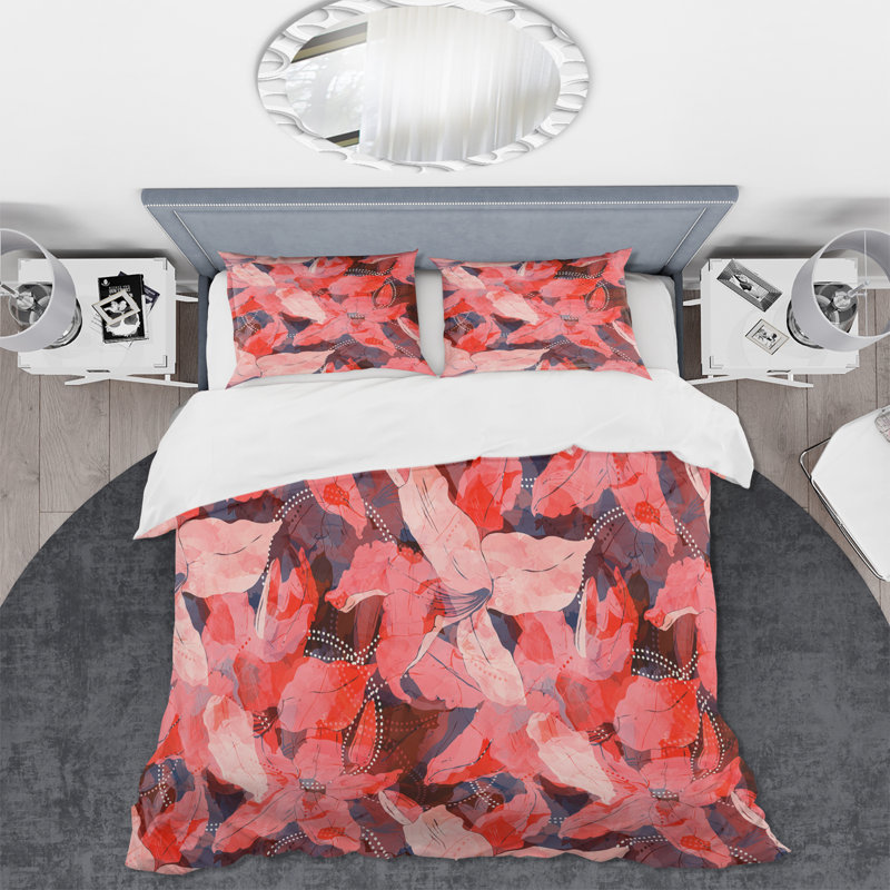 Feuilles tropicales rouges - ensemble de housse de couette traditionnel - microfibre de polyester