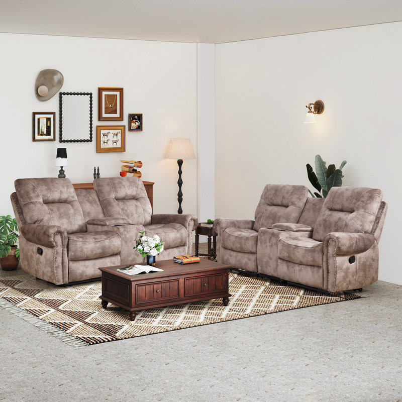 76.77'' Wide Classic Microfiber Upholstered Manual Reclining Loveseat With Center Console And Nailhead Trim (Set Of 2)