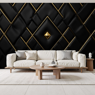 Peel and Stick Wallpaper Lattice Powder Room Gold Lines Black Interlocking Squares Wall Murals 69"H x 96"W Removable PVC Wall Paper Self-Adhesive Wall Decor for Bedroom Living Room Home Office