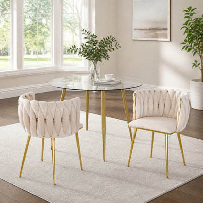 Ensemble de 2 chaises de salle à manger Modern Velvet, chaise de salle à manger rembourrée tissée avec pieds en métal doré