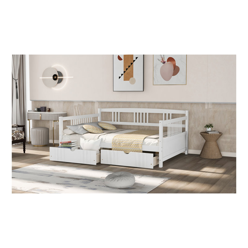 Lit de jour double en bois avec deux tiroirs, blanc, Blanc