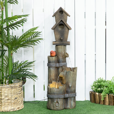Fontaine d'extérieur avec cabane à oiseaux Outsunny, bain d'oiseaux en cascade avec tronc d'arbre rustique à 3 niveaux, lumières DEL pour porche, terrasse, décor de jardin, brun