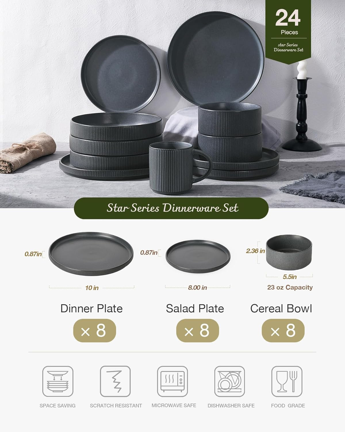 Famiware 24 Piece Dinnerware Set, Service for 8, Matte Dark Charcoal