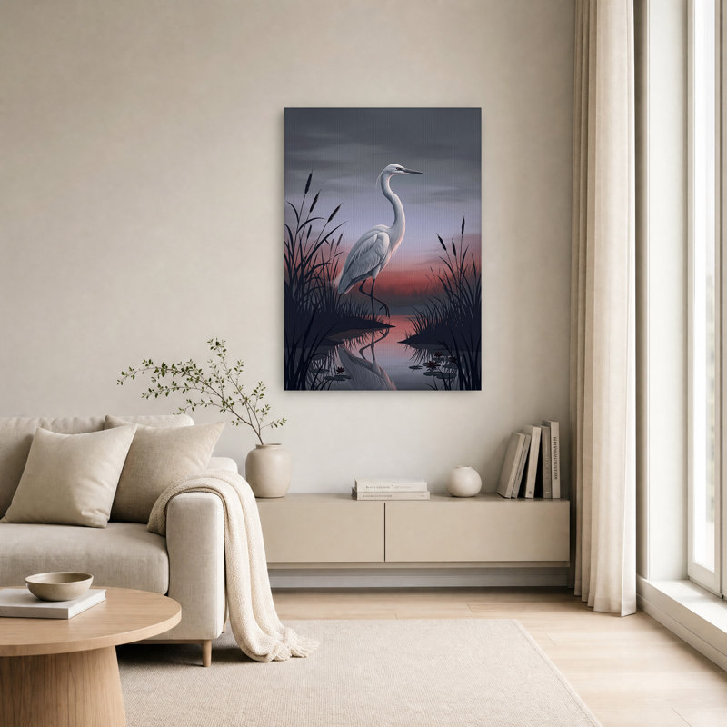 «White Egret debout dans des roseaux au coucher du soleil», art mural, H 30 po x l 20 po