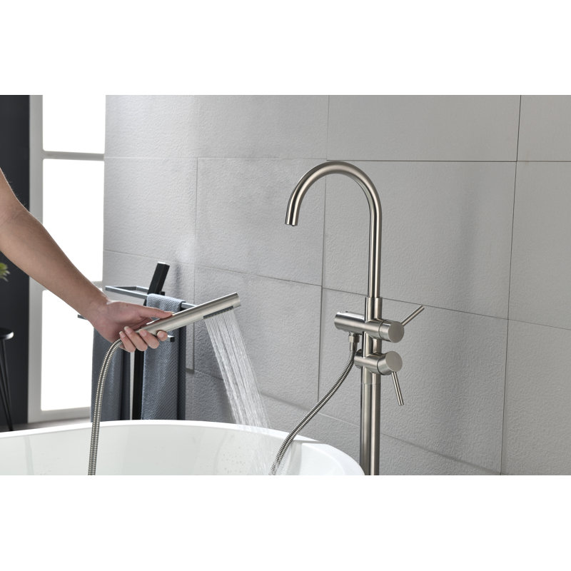 Robinet de baignoire autoportant fixé au sol avec douche à main et bec pivotant à 360 °, nickel brossé