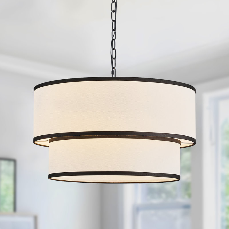 Lustre tambour 5 lumières en tissu blanc, Noir mat