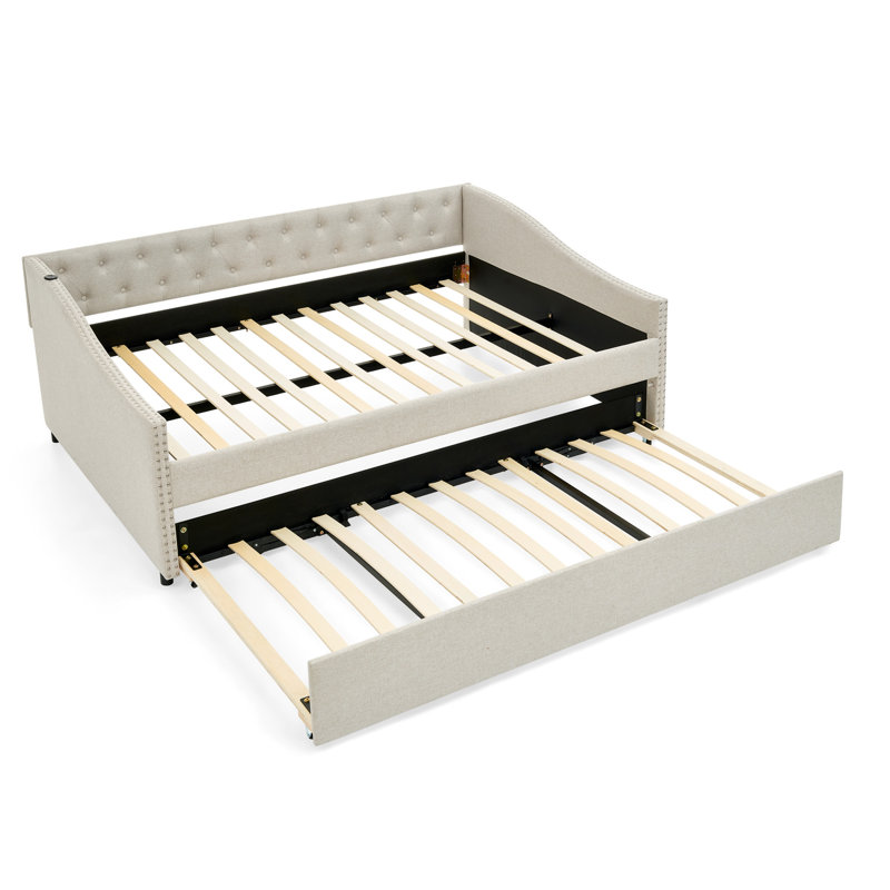 Lit de jour double avec charge USB et lit extensible de taille simple, avec bouton sur le dos et clou en cuivre sur les accoudoirs ondulés