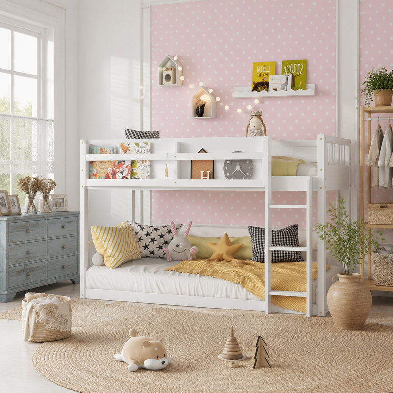Lit superposé bas simple au-dessus de simple, lit superposé au sol avec échelle, lit superposé simple en bois massif pour enfants et enfants, blanc