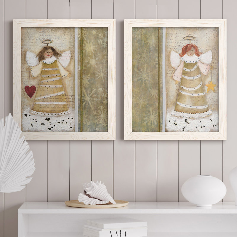 «Cloud Angel with Heart», ensemble de 2 peintures, H 20 po x l 17 po x P 1 po, Toile blanche encadrée, Pas de tapis