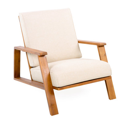 Fauteuil de patio avec coussin beige et structure en bois, un mélange de confort pour la cour arrière, conversation de détente estivale convenable, limite de poids de 400 lb, design traditionnel