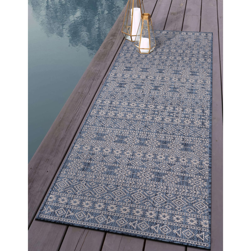 Tapis intérieur / extérieur bleu / crème Jerrlyn Southwestern, Tapis de couloir de 2 pi x 7 pi