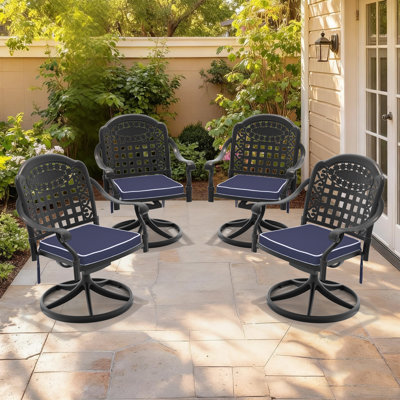 Ensemble de 4 chaises pivotantes de patio en fonte d'aluminium avec accoudoirs et coussins bleus
