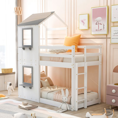 Twin Over Twin Bunk Bed Wood Bed With Roof, Window, Guardrail, Ladder (Bed)